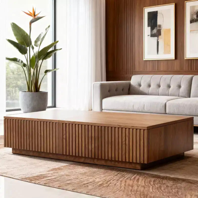 Stolik kawowy 51,1 w stylu mid-century modern z podnoszonym blatem, prostokątny stolik centralny do salonu, kolor orzechowy