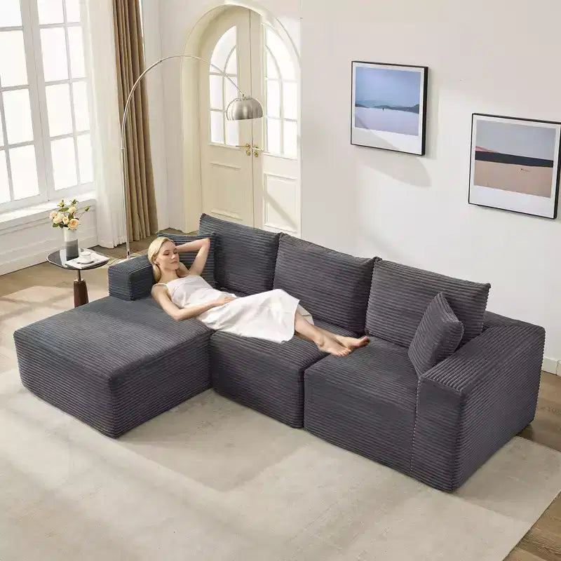 Sofá moderno 108, sofá tapizado de 3 plazas en forma de L con cojines, asiento profundo, no requiere montaje