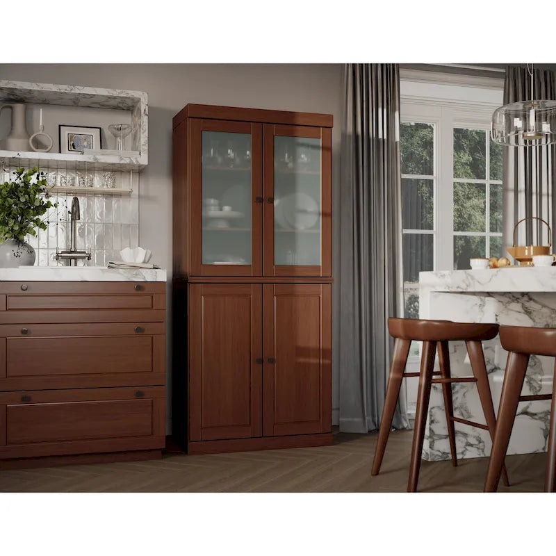 Armario despensa 100 % de madera maciza con puertas de vidrio esmerilado, puertas sólidas, 2 cajones y estantes ajustables