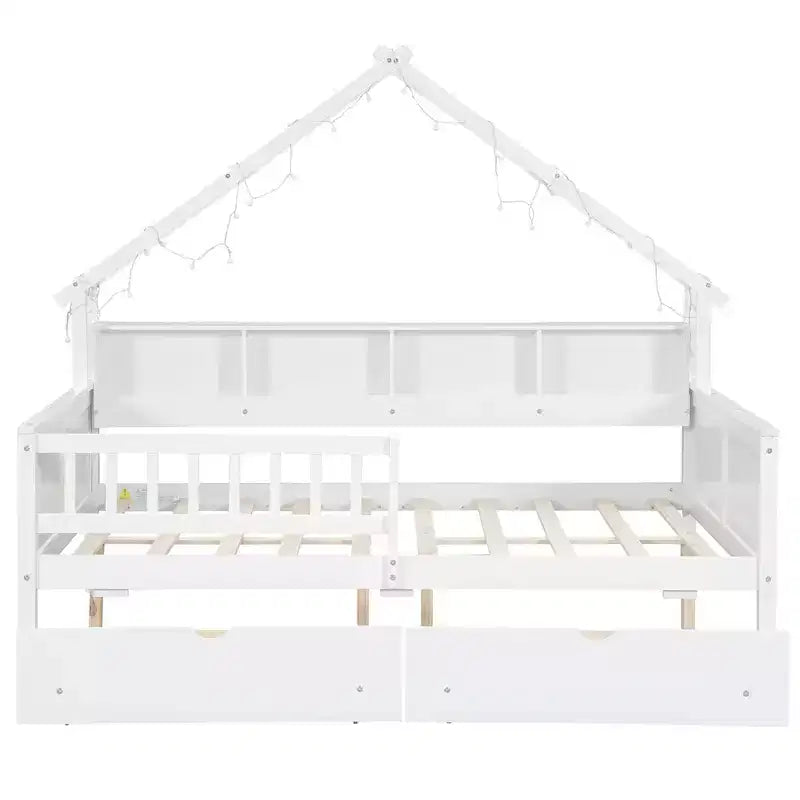 Estructura de cama tipo casita de tamaño completo con cajones, cama plataforma tipo casita con luces LED, estantes y cajones de almacenamiento, diván de madera con techo y barandilla