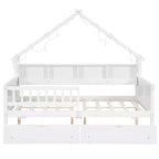 Estructura de cama tipo casita de tamaño completo con cajones, cama plataforma tipo casita con luces LED, estantes y cajones de almacenamiento, diván de madera con techo y barandilla