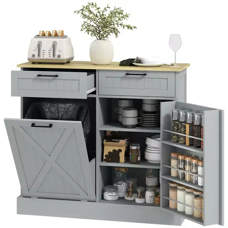 Mobile HOMCOM copri pattumiera con apertura a ribalta e cassetti, mobile da cucina in stile rustico con pattumiera nascosta per cucina
