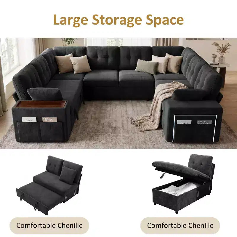Divano componibile letto modulare Dyonery 112 con letto estraibile, divano componibile a U con contenitore, sedute extra larghe e profonde per il soggiorno
