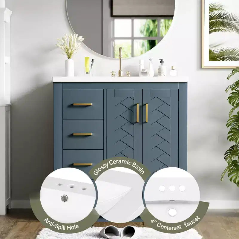 Meuble-lavabo de salle de bains de 30 po à lavabo simple, avec armoire et 3 tiroirs – noir / bleu / vert / indigo / blanc