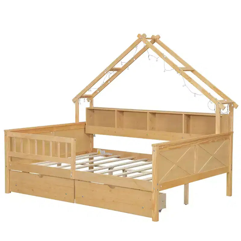 Estructura de cama tipo casita de tamaño completo con cajones, cama plataforma tipo casita con luces LED, estantes y cajones de almacenamiento, diván de madera con techo y barandilla