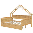 Estructura de cama tipo casita de tamaño completo con cajones, cama plataforma tipo casita con luces LED, estantes y cajones de almacenamiento, diván de madera con techo y barandilla