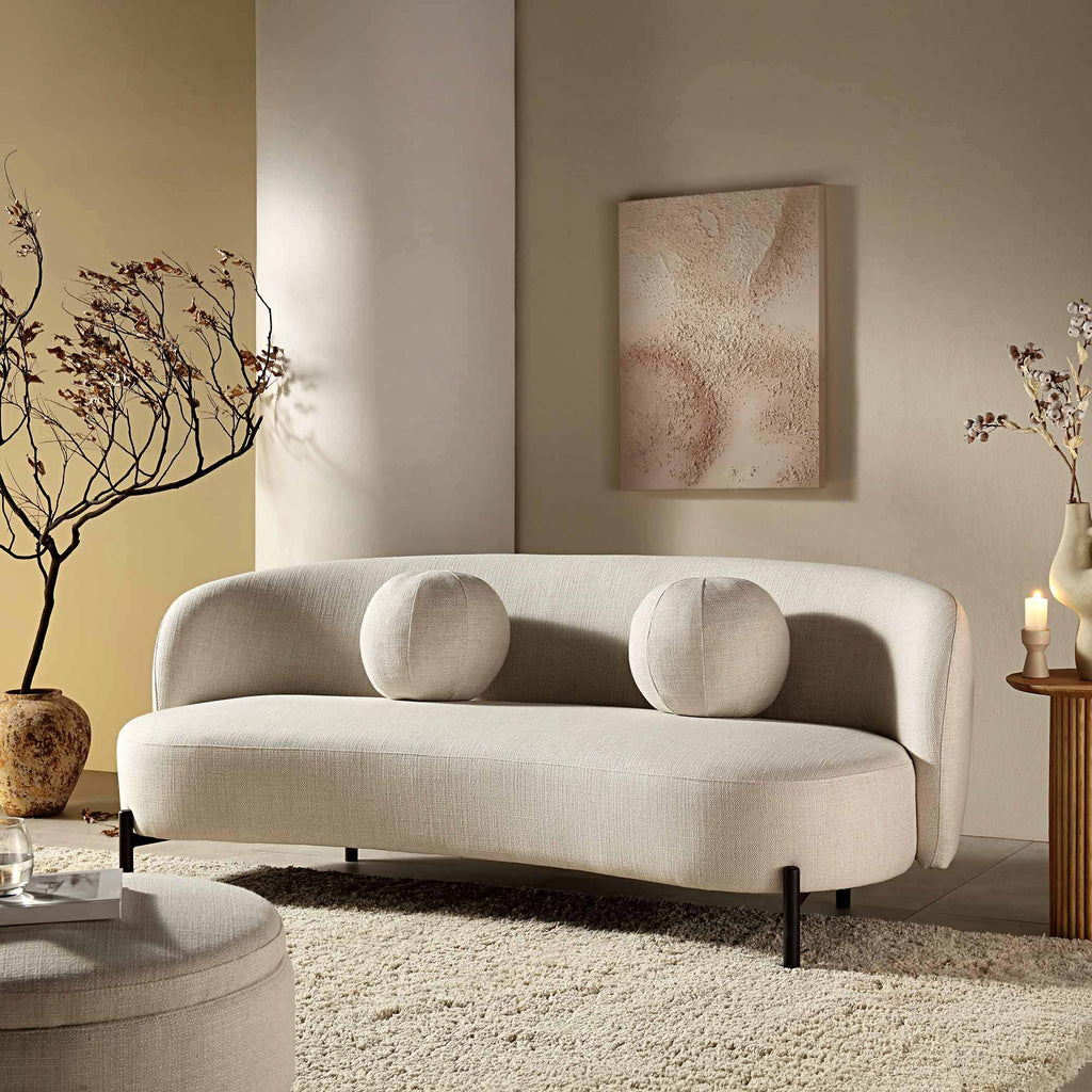 Sofá curvo de 3 plazas con cojines esféricos, mezcla de lino beige
