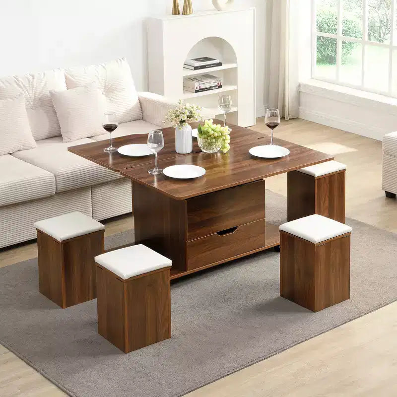 Multifunctionele moderne salontafel met hefbaar blad en verborgen opbergruimte, 4 krukken en zwenkwielen, perfect voor moderne woonruimtes