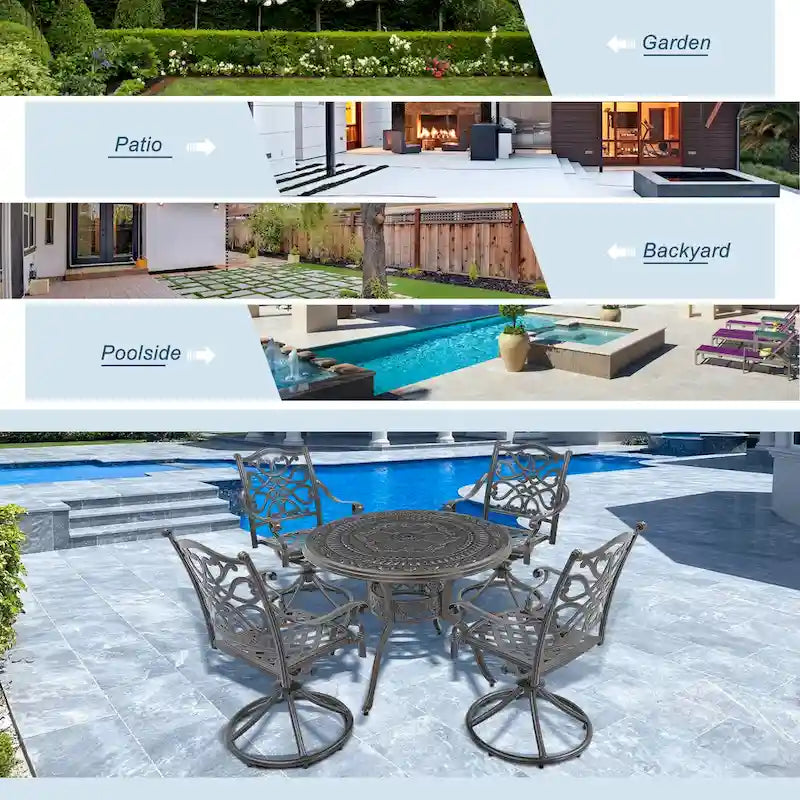 5-delige tuin-eetset van gegoten aluminium met 4 draaibare stoelen