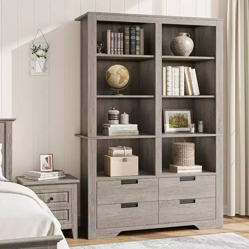 Libreria alta 72 con 4 cassetti, scaffale contenitore indipendente in stile rustico per camera da letto, soggiorno e ufficio domestico