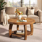 Table basse ronde Lantine en bois massif, table centrale à 2 niveaux avec rangement, plateau de 31,5 pouces à motif mosaïque, montage facile, pour le salon, marron