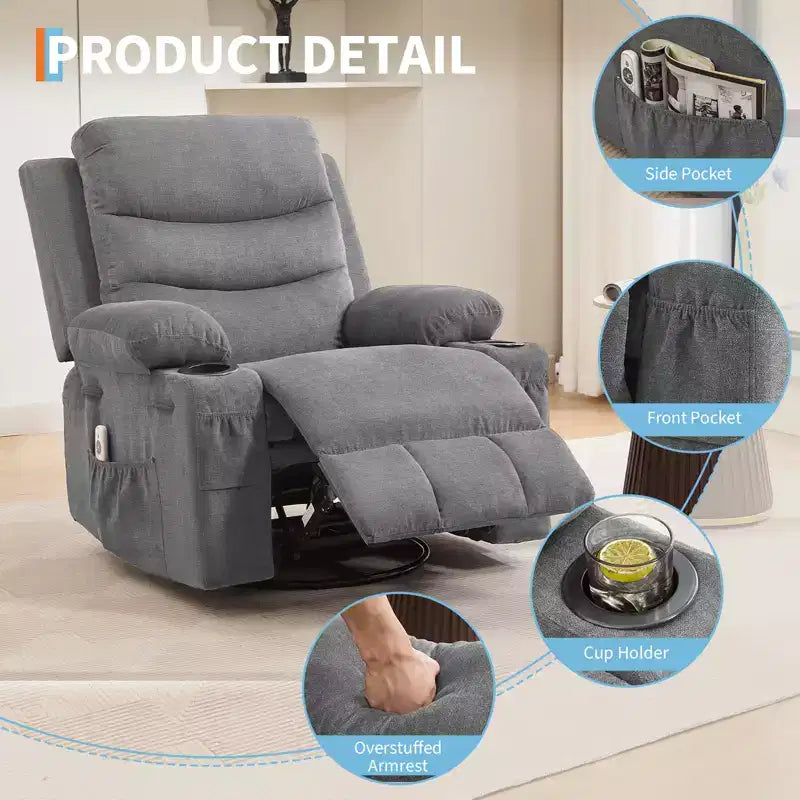 Drehbarer Schaukel-Relaxsessel mit Massage und Wärme, 360°-Gleiter mit Getränkehaltern und Seitentaschen, ergonomisches Loungesofa für Wohnzimmer, Wohnmobil und Kinderzimmer