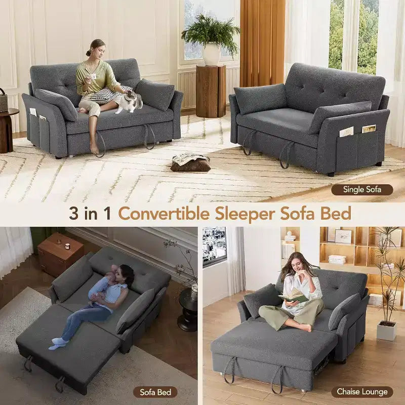 Sofá cama convertible 3 en 1 Dyonery, sofá cama extraíble con bolsillo lateral y respaldo ajustable, montaje sin herramientas, sofá de dos plazas plegable