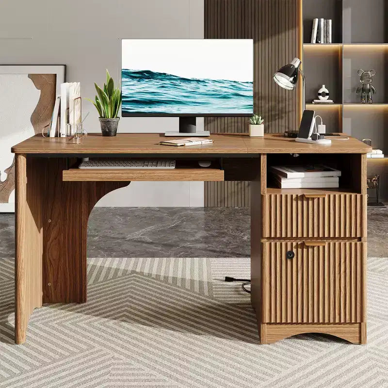 Scrivania per computer Bestier 55 Smart, scrivania da lavoro in rovere con cassetti portadocumenti e presa di corrente, scrivania direzionale da ufficio con spazio aperto e vassoio per tastiera