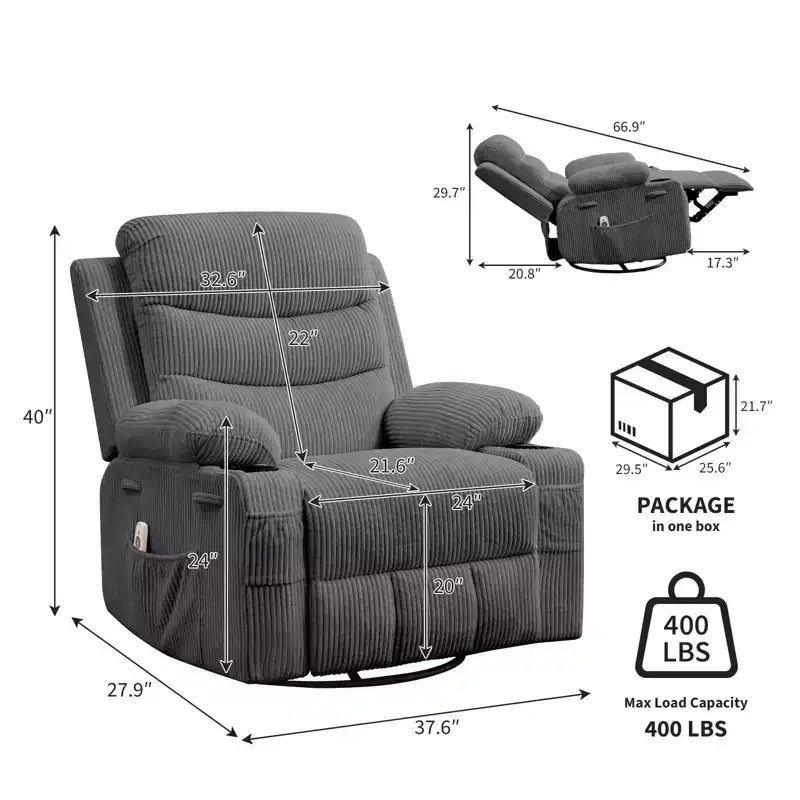 Suuri 360° kääntyvä keinutuoli-hierontatuoli lämmityksellä – ergonominen lepotuoli mukitelineillä ja sivutaskuilla olohuoneeseen tai lastenhuoneeseen