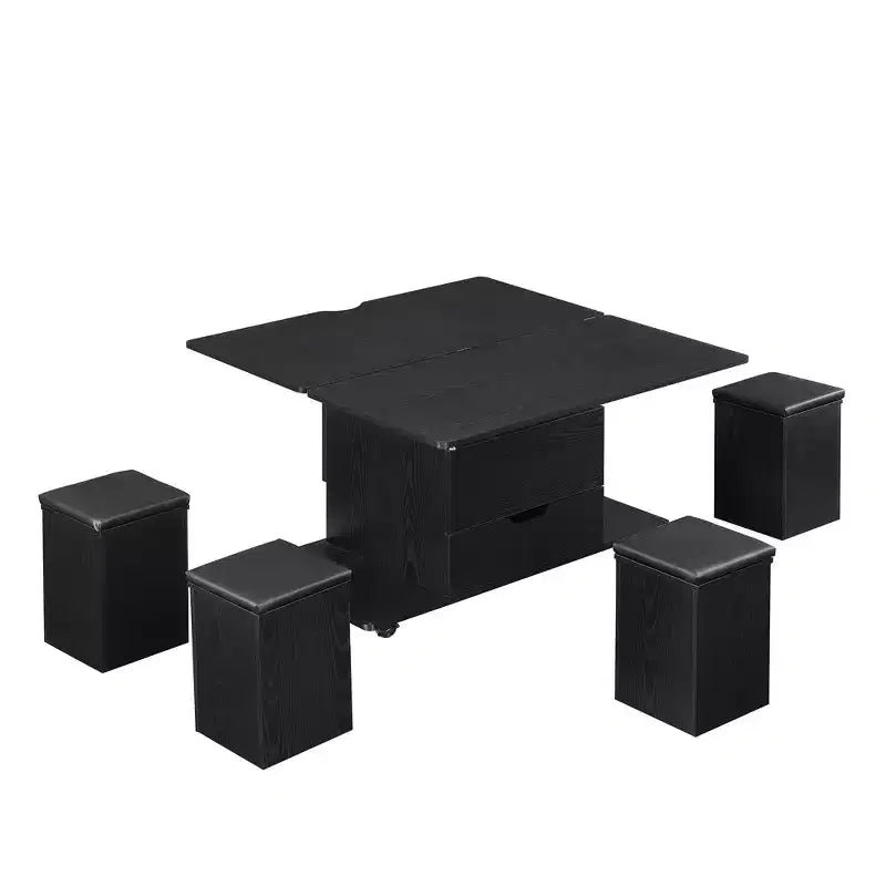 Multifunctionele moderne salontafel met hefbaar blad en verborgen opbergruimte, 4 krukken en zwenkwielen, perfect voor moderne woonruimtes