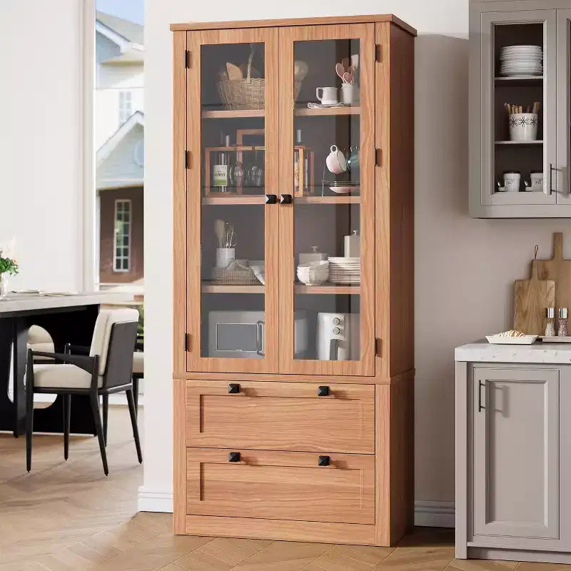 Dispensa da cucina in stile rustico con ante in vetro, mobile contenitore da 72 pollici con cassetti e ripiani regolabili per sala da pranzo, bagno e soggiorno