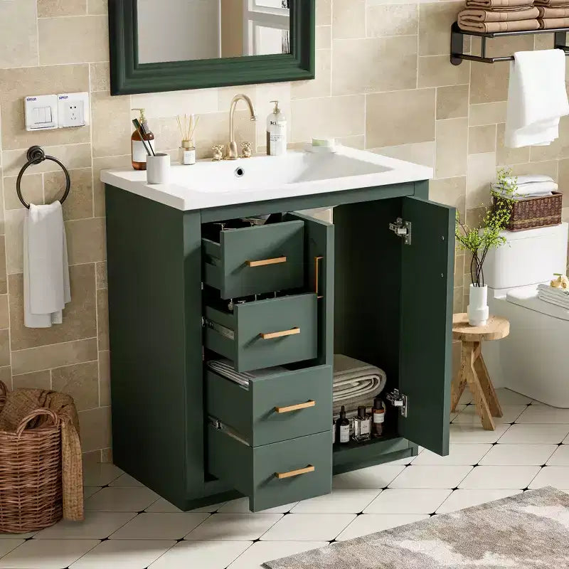 Meuble-lavabo de salle de bains de 30 po à lavabo simple, avec armoire et 3 tiroirs – noir / bleu / vert / indigo / blanc