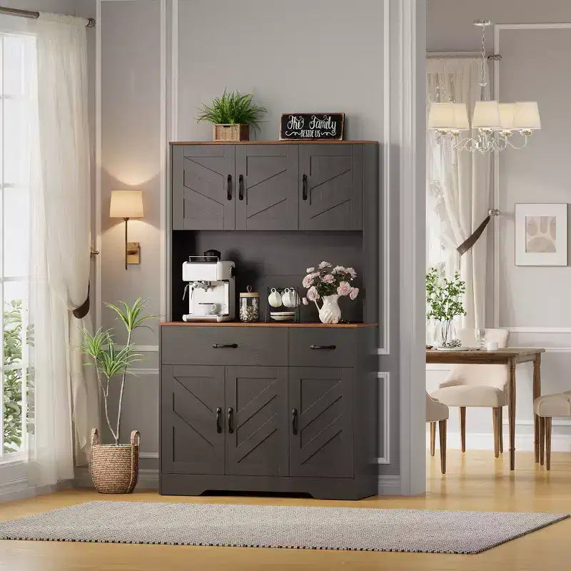 Mobile dispensa da cucina da 71 pollici con stazione di ricarica, ampio piano d'appoggio, supporto per microonde e 2 cassetti, mobile a credenza per sala da pranzo e soggiorno