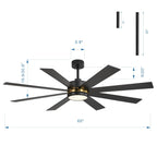 Ventilatore da soffitto nero da 65 pollici con 8 pale, LED, luce e telecomando