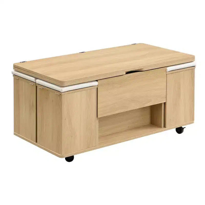 Multifunctionele moderne salontafel met hefbaar blad en verborgen opbergruimte, 4 krukken en zwenkwielen, perfect voor moderne woonruimtes