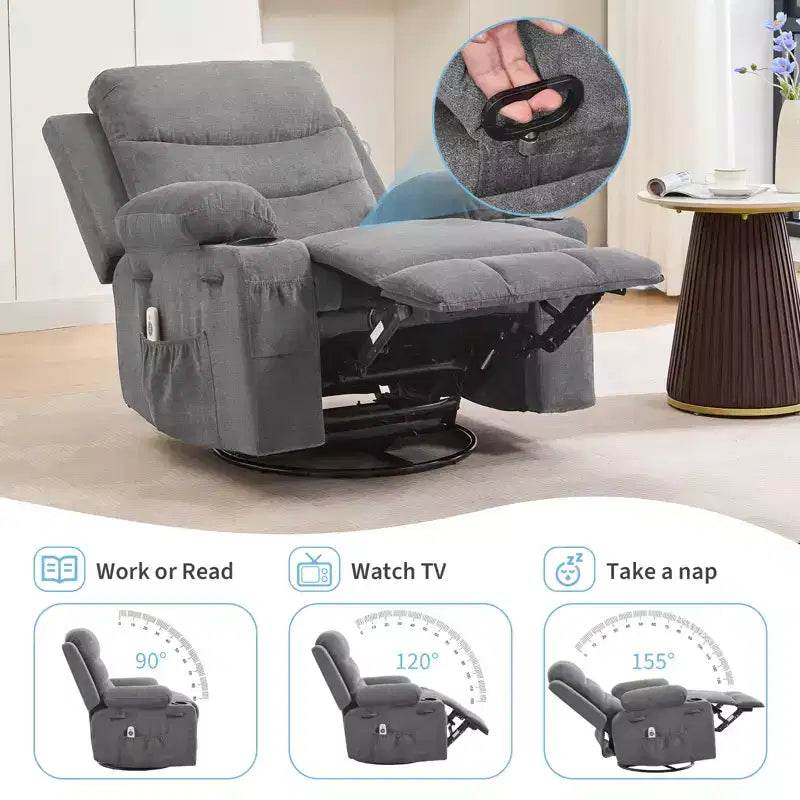 Drehbarer Schaukel-Relaxsessel mit Massage und Wärme, 360°-Gleiter mit Getränkehaltern und Seitentaschen, ergonomisches Loungesofa für Wohnzimmer, Wohnmobil und Kinderzimmer