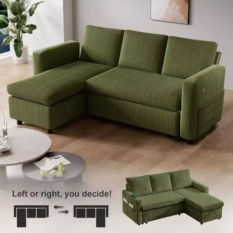 Sofá cama extraíble 2 en 1 Dyonery con chaise longue con almacenamiento, sofá seccional de pana C con puertos USB para sala de estar