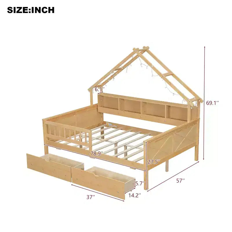 Estructura de cama tipo casita de tamaño completo con cajones, cama plataforma tipo casita con luces LED, estantes y cajones de almacenamiento, diván de madera con techo y barandilla