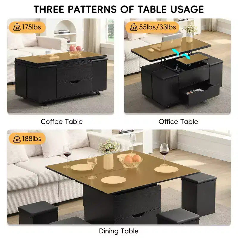 Multifunctionele moderne salontafel met hefbaar blad en verborgen opbergruimte, 4 krukken en zwenkwielen, perfect voor moderne woonruimtes