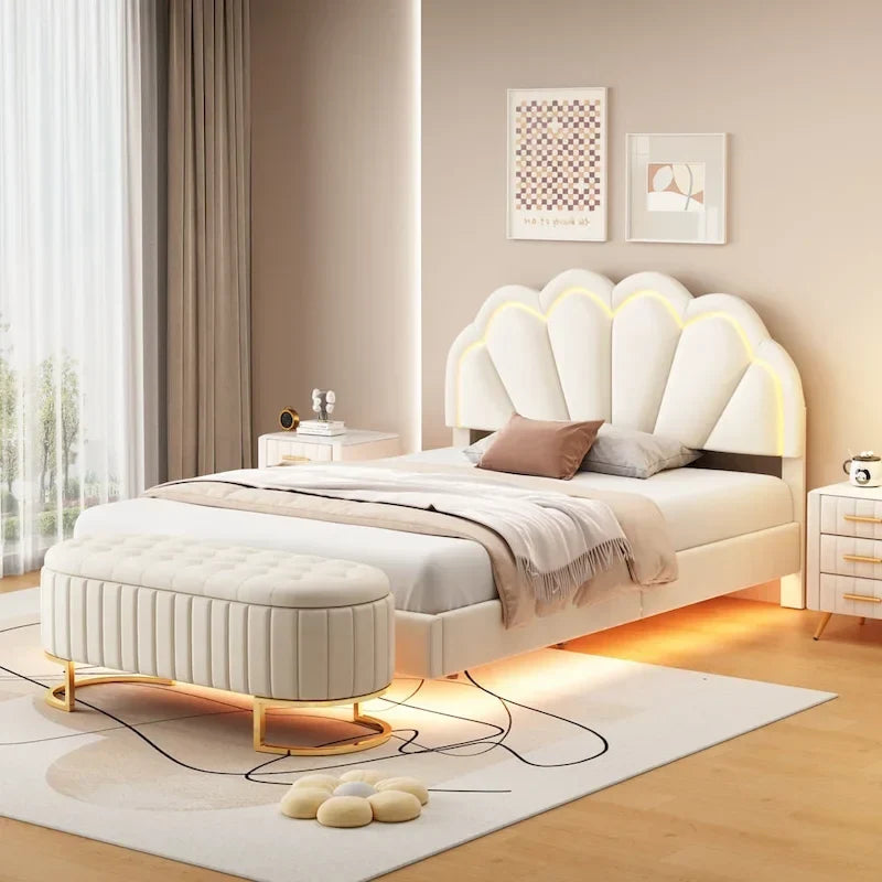 Set da camera da letto in 2 pezzi, letto a piattaforma matrimoniale LED con pouf contenitore