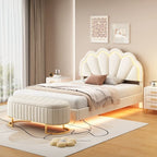 Set da camera da letto in 2 pezzi, letto a piattaforma matrimoniale LED con pouf contenitore