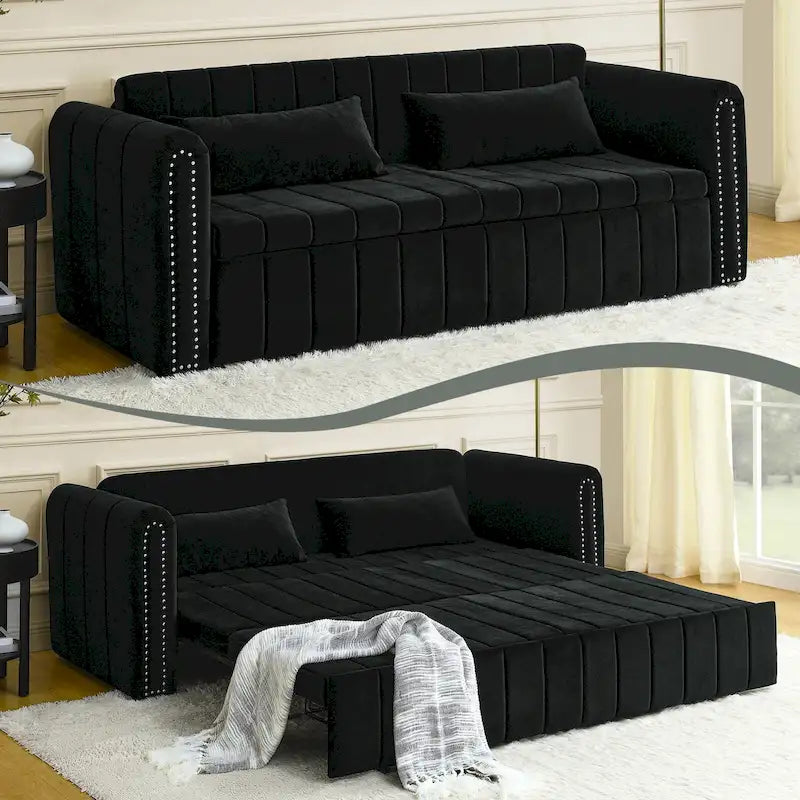 Divano letto lounge moderno trasformabile in velluto imbottito, con braccioli arrotolati decorati con borchie color rame
