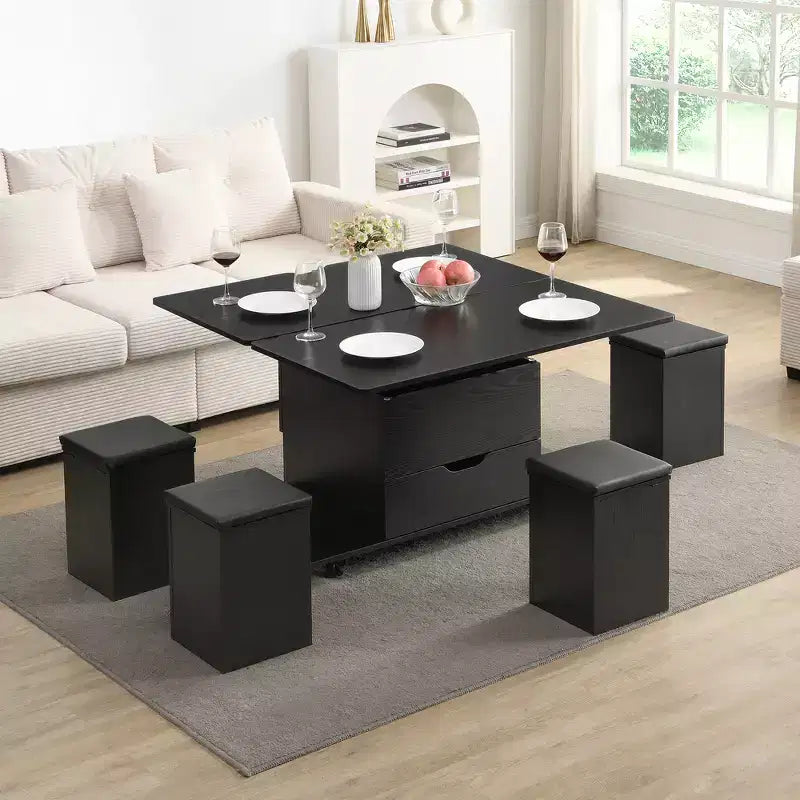 Multifunctionele moderne salontafel met hefbaar blad en verborgen opbergruimte, 4 krukken en zwenkwielen, perfect voor moderne woonruimtes