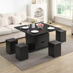 Multifunctionele moderne salontafel met hefbaar blad en verborgen opbergruimte, 4 krukken en zwenkwielen, perfect voor moderne woonruimtes