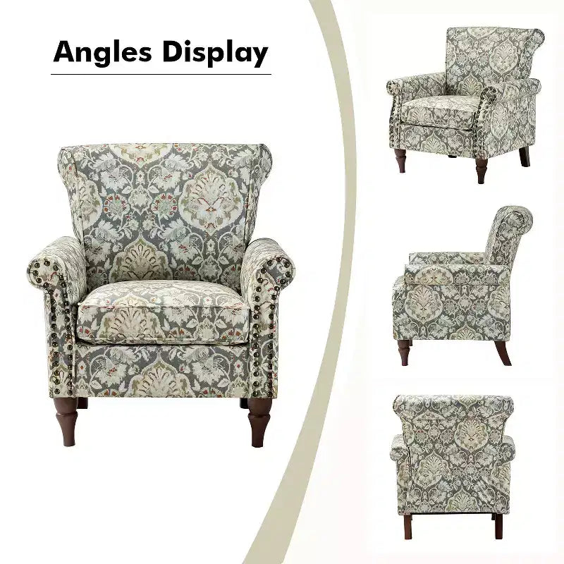 Araceli traditionele houten bloemenfauteuil met bekleding, hoge rugleuning en sierspijkerrand| ART OF LIVING DESIGNS