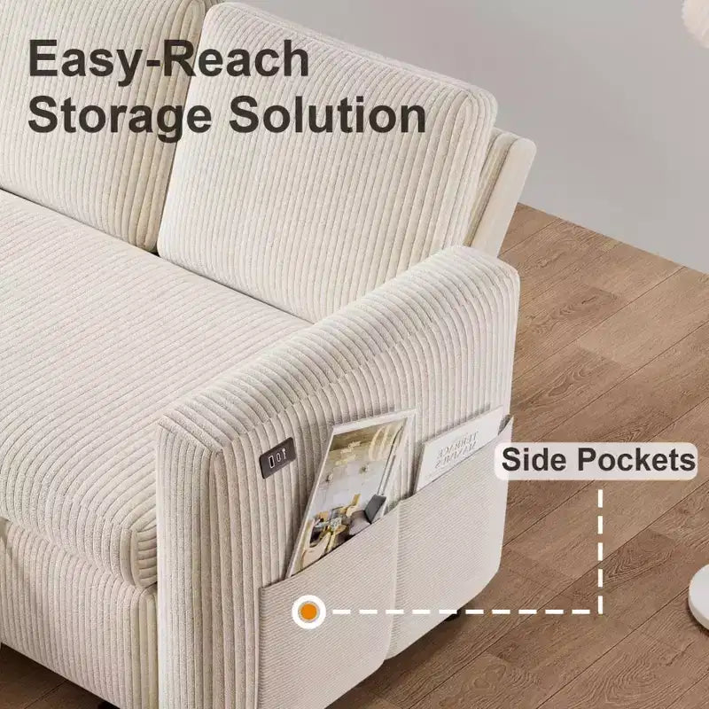 Sofá cama extraíble 2 en 1 Dyonery con chaise longue con almacenamiento, sofá seccional de pana C con puertos USB para sala de estar