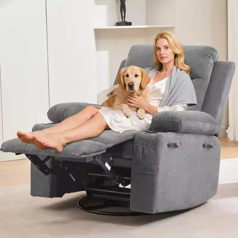Drehbarer Schaukel-Relaxsessel mit Massage und Wärme, 360°-Gleiter mit Getränkehaltern und Seitentaschen, ergonomisches Loungesofa für Wohnzimmer, Wohnmobil und Kinderzimmer