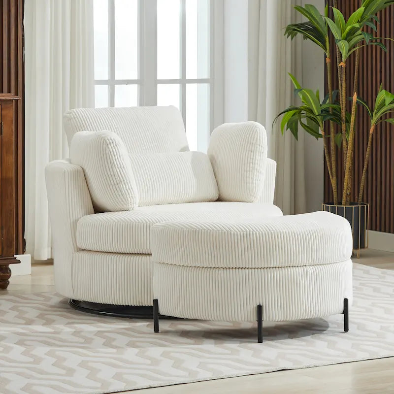 Sillón decorativo giratorio tapizado de 42.3W con 4 cojines y otomana de almacenamiento en forma de media luna