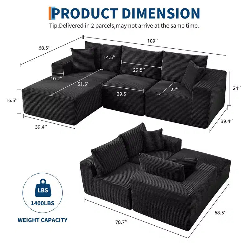 Sofá moderno 108, sofá tapizado de 3 plazas en forma de L con cojines, asiento profundo, no requiere montaje