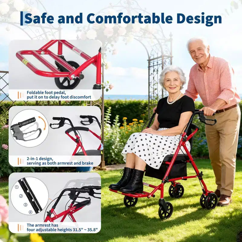 Sedia a rotelle portatile pieghevole per adulti, portata di 299 lb, 6 ruote, altezza regolabile, vano portaoggetti sotto il sedile, seduta confortevole e poggiapiedi