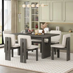 Set da pranzo da 7 pezzi, set da cucina in legno massello con tavolo rettangolare, base a cavalletto dal design ricercato e 6 sedie imbottite