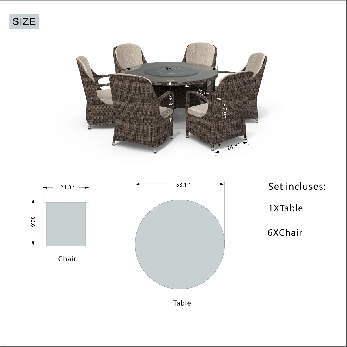 Set da pranzo rotondo da esterno in rattan intrecciato da 7 pezzi con cuscini di Moda Furnishings