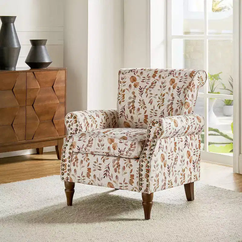 Araceli traditionele houten bloemenfauteuil met bekleding, hoge rugleuning en sierspijkerrand| ART OF LIVING DESIGNS