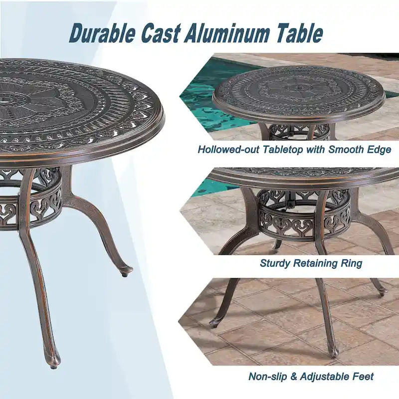 5-delige tuin-eetset van gegoten aluminium met 4 draaibare stoelen