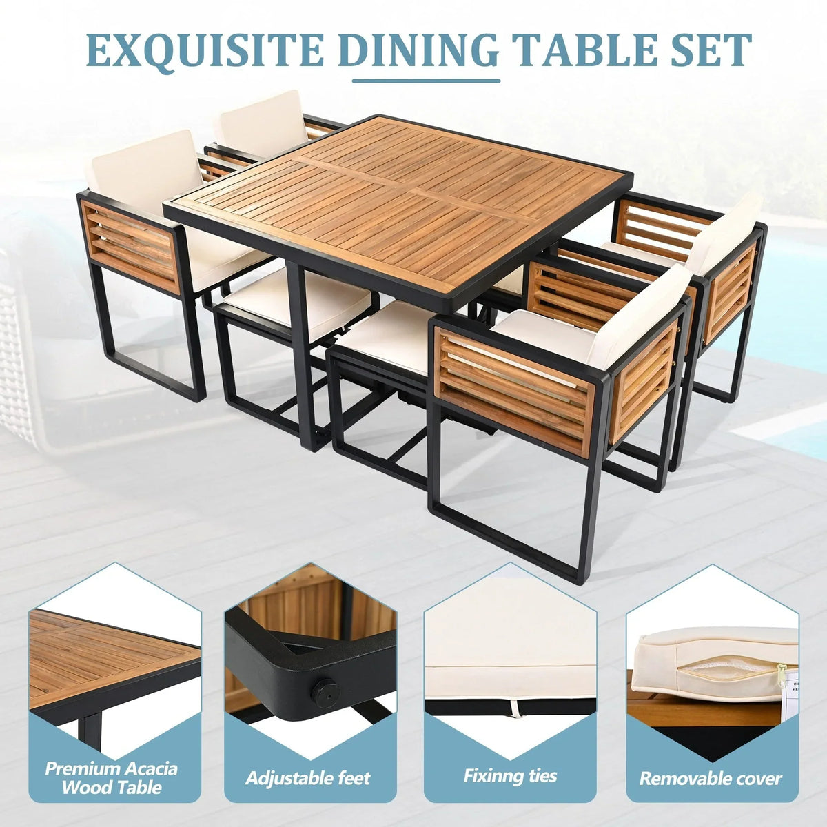 Juego de comedor de patio de 18 piezas de madera de acacia, con 8 sillas acolchadas, 8 otomanas y 2 mesas cuadradas