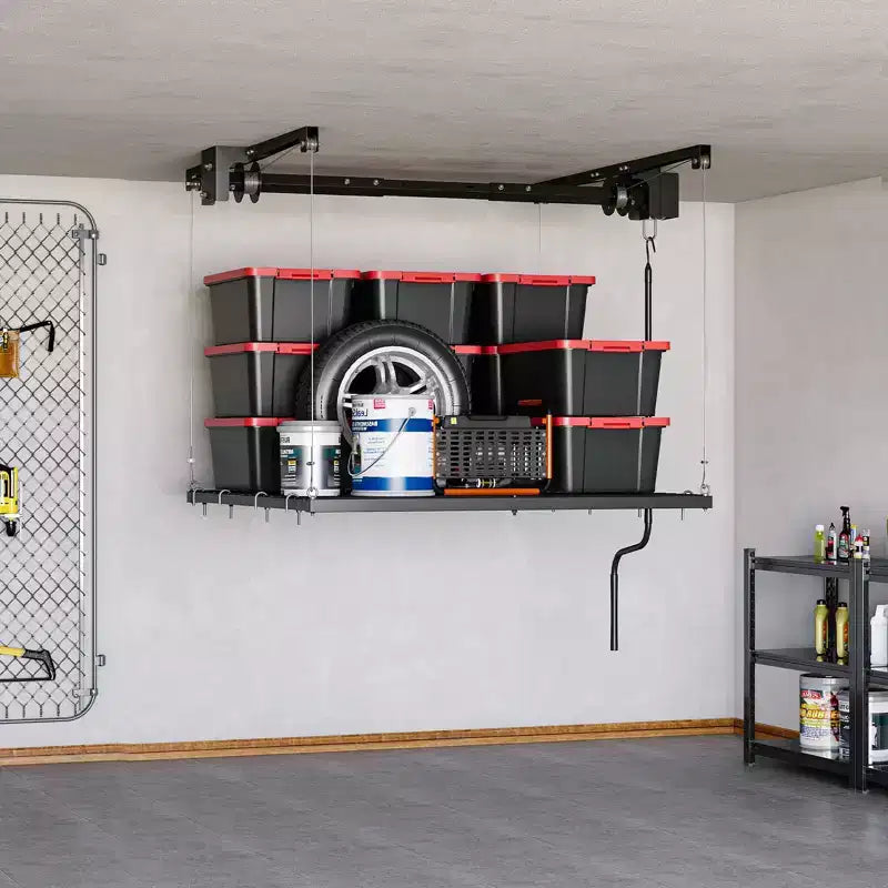 Estante de almacenamiento de techo ajustable y resistente para garaje, montado en el techo con cierre de seguridad, capacidad de 250 lb para contenedores, herramientas, bicicletas y garaje