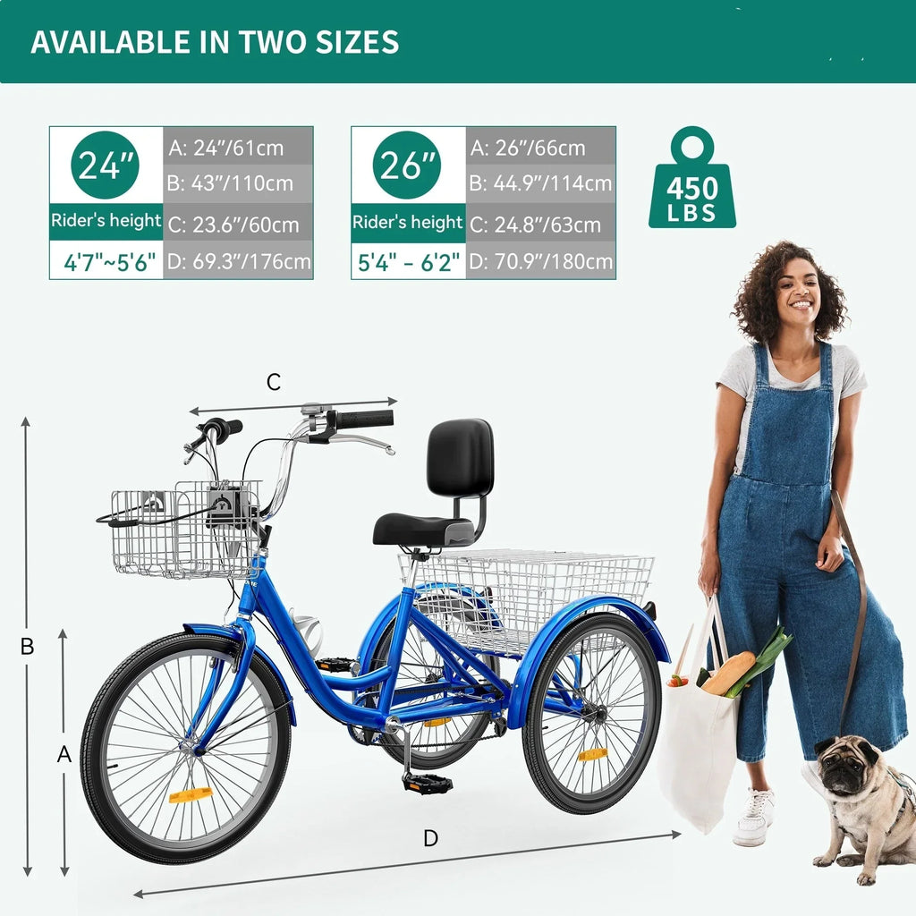 26-inch driewielige fiets voor volwassenen met 7 versnellingen