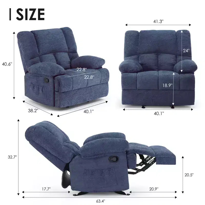 Blauwe extra grote relaxfauteuil met schommelmechanisme en chenillebekleding