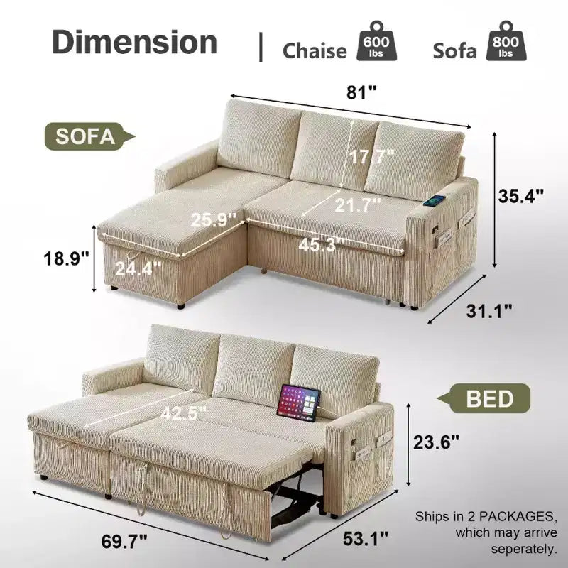 Sofá cama extraíble 2 en 1 Dyonery con chaise longue con almacenamiento, sofá seccional de pana C con puertos USB para sala de estar