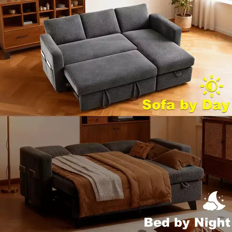 Dyonery 81-Sitzer-Schlafsofa, L-förmiges Ausziehsofa mit wendbarer Recamiere mit Stauraum, USB-Anschluss und verstellbarer Rückenlehne